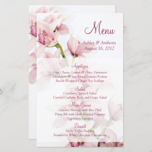 Kaart in het menu Pink Cymbidium Orchid Floral Wed (Voorkant / Achterkant)