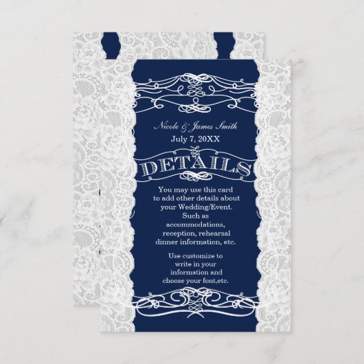 Kaart informatie over blauwe en witte lace-bruilof (Voorkant / Achterkant)