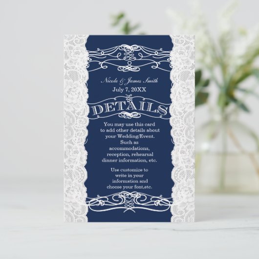 Kaart informatie over blauwe en witte lace-bruilof (Staand voorkant)