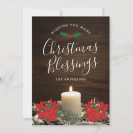 Kaart kerstcadeautjes met kaarsen en insettias