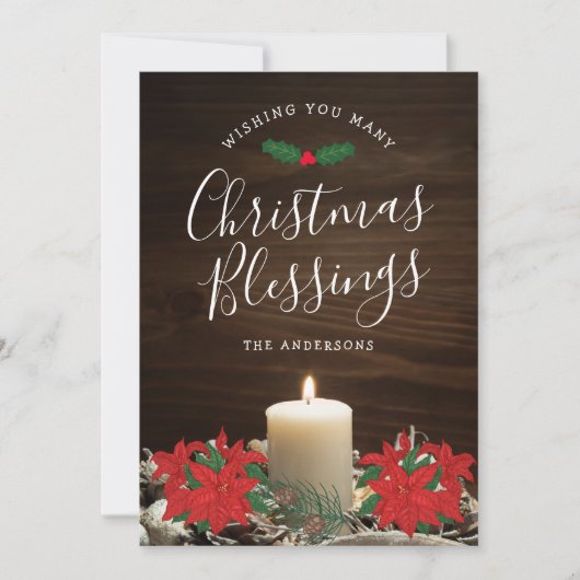 Kaart kerstcadeautjes met kaarsen en insettias (Voorkant)