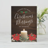 Kaart kerstcadeautjes met kaarsen en insettias (Staand voorkant)