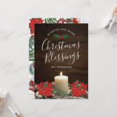 Kaart kerstcadeautjes met kaarsen en insettias (Voorkant / Achterkant in situ)