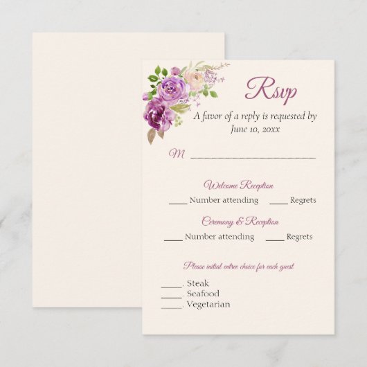 Kaart lila Roos RSVP-respons (Voorkant / Achterkant)