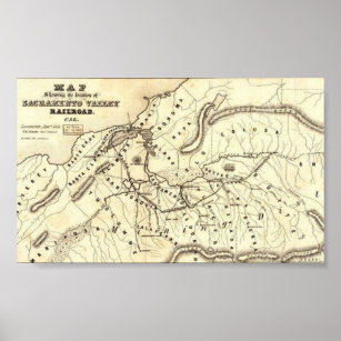 Kaart locatie Sacramento Valley Railroad 1854 Poster
