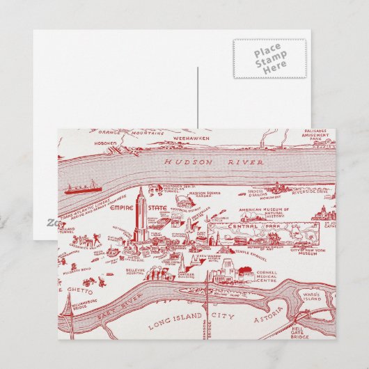 KAART: MANHATTAN, c1935 Briefkaart (Voorkant / Achterkant)