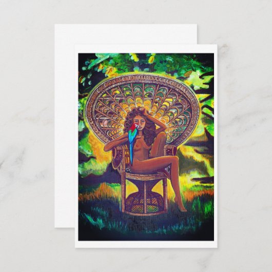 KAART - Meisje zittend in pauwstoel met papegaai (Voorkant / Achterkant)