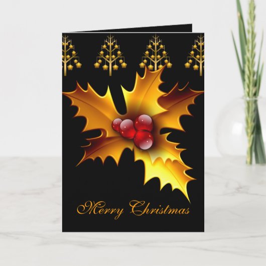 Kaart Merry Xmas Black Red Gold Holly Kerstmis (Voorkant)