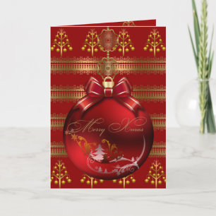 Kaart Merry Xmas Red Gold kerstballen