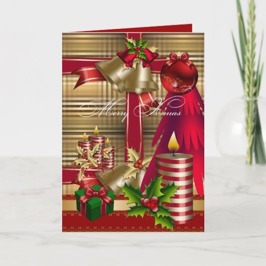Kaart Merry Xmas Red Green Gold Kerstmis (Voorkant)