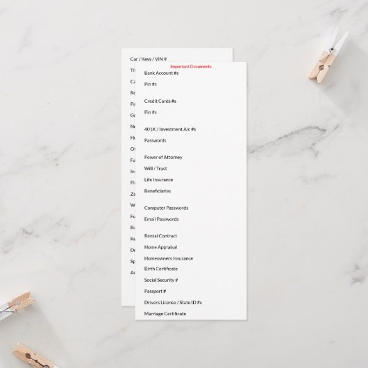 Kaart met Belangrijke Documenten (Voorkant / Achterkant in situ)