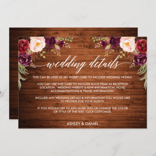 Kaart met details over het bruiloft met kalligrafi (Voorkant / Achterkant)