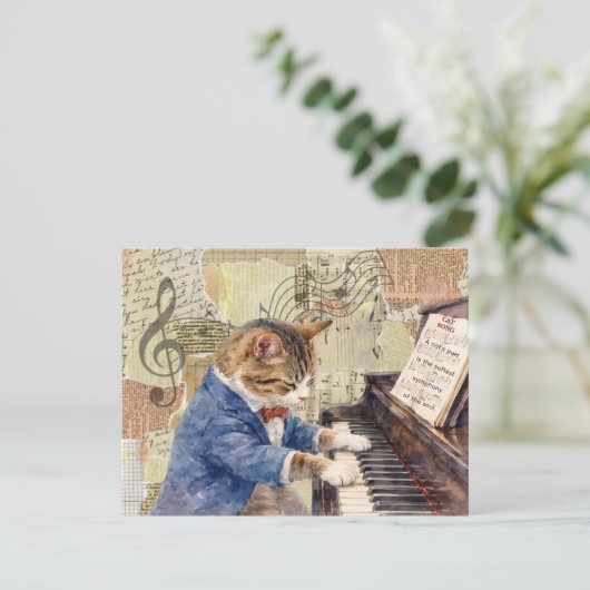 Kaart met gemengde media kat die piano speelt (Staand voorkant)
