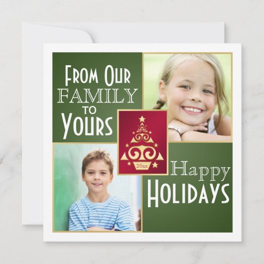 Kaart met groene, rode, gouden kerstboom (Voorkant)