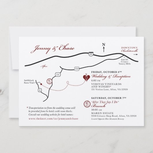 Kaart met huwelijksdetails en routebeschrijving na (Achterkant)