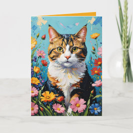 Kaart met kat en bloemen