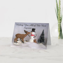 Kaart met kerst in het dorp Reindeer en Snowman