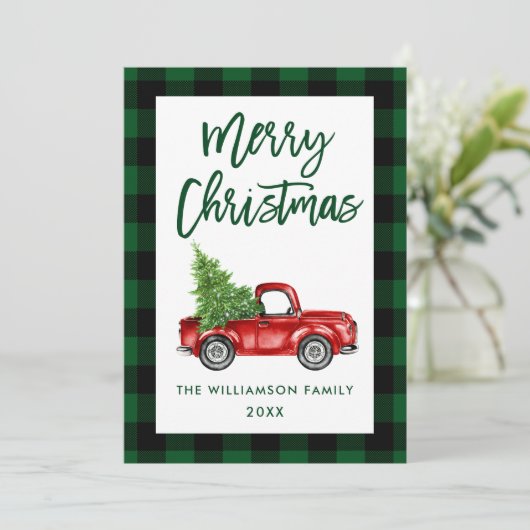 Kaart met kerstmis in Penseel Script Truck Green P (Staand voorkant)