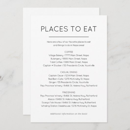 Kaart met plaatsen om te eten en dingen om te doen (Voorkant / Achterkant)