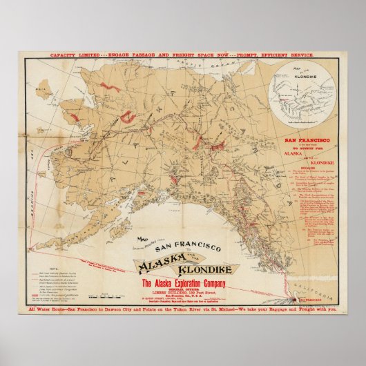 Kaart met routes van San Francisco naar Alaska Poster (Voorkant)