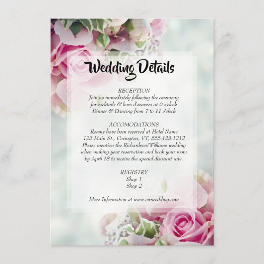Kaart met roze Floral Pastel Wedding Details Enclo (Voorkant)
