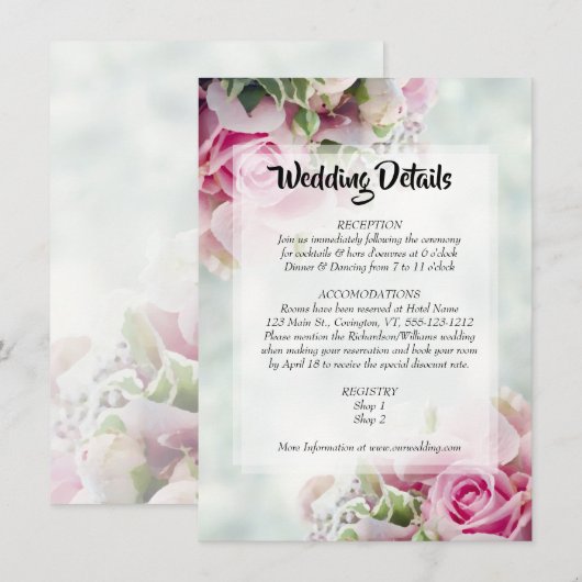 Kaart met roze Floral Pastel Wedding Details Enclo (Voorkant / Achterkant)