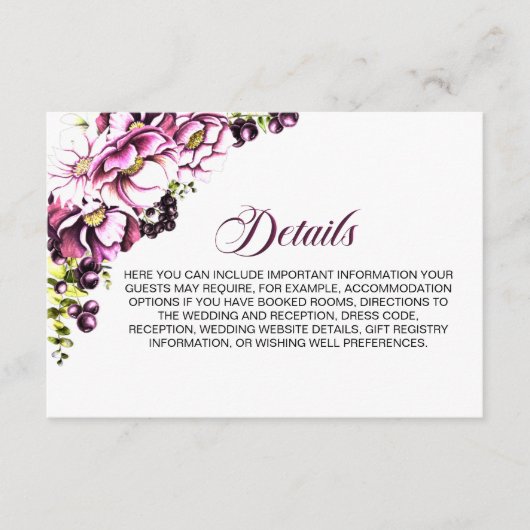 Kaart met roze Floral Wedding Details Enclosure (Voorkant)