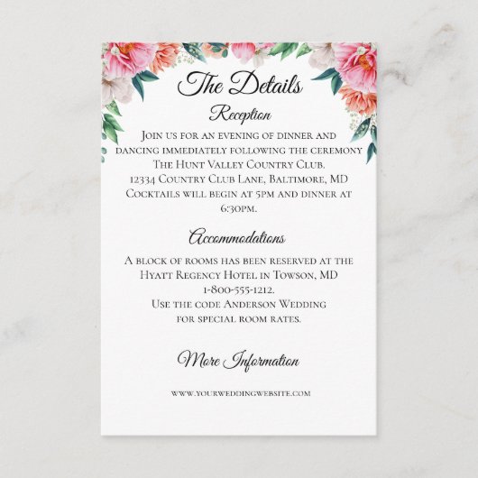 Kaart met roze peach Floral Wedding Details Enclos (Voorkant)