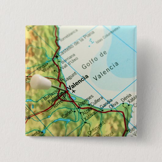 Kaart met speld naar de stad Valencia in Spanje Vierkante Button 5,1 Cm (Voorkant)