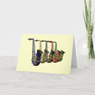 Kaart met vijf kleurrijke saxofoons