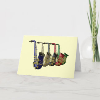 Kaart met vijf kleurrijke saxofoons