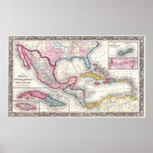 Kaart Mexico, Midden-Amerika en Caraïben (1860) Poster (Voorkant)