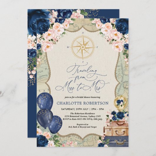  kaart Miss to Mrs Navy Blush Vrijgezellenfeest (Voorkant / Achterkant)