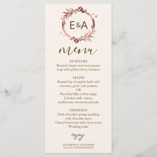 Kaart Monogram Photo Wedding Menu (Voorkant)