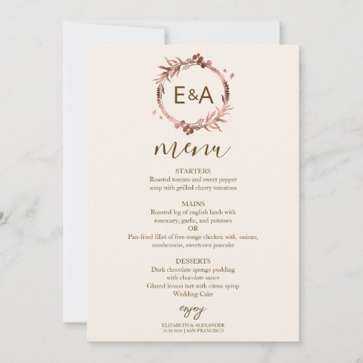 Kaart Monogram Photo Wedding Menu (Voorkant)