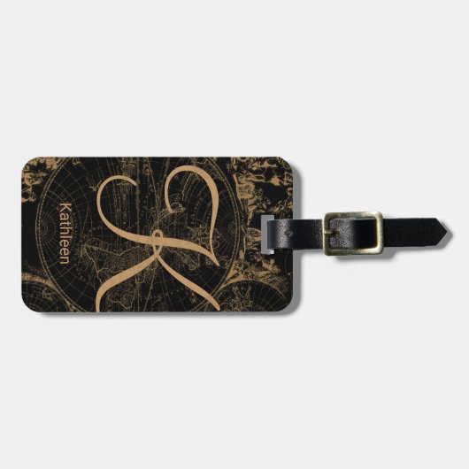 kaart Monogrammed Initiaal Naam Zwart Bagagelabel (Voorkant horizontaal)