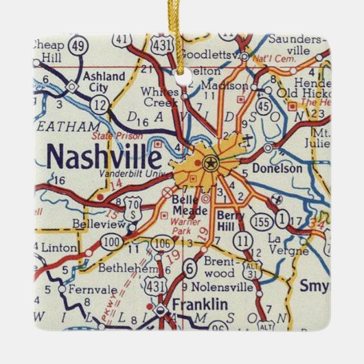  kaart Nashville TN Keramisch Ornament (Voorkant)