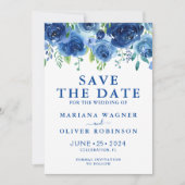 Kaart Navy Blue Waterverf Bloemensave the Date (Voorkant)