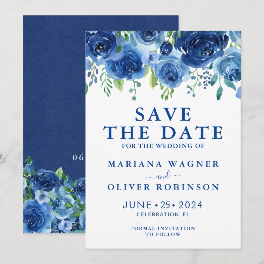 Kaart Navy Blue Waterverf Bloemensave the Date (Voorkant / Achterkant)