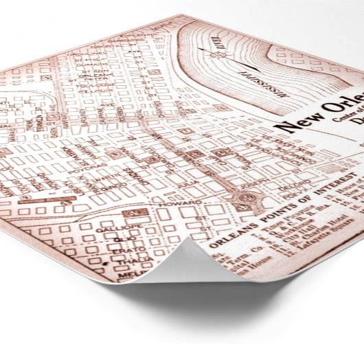  kaart New Orleans in het centrum van 1920 Poster (Hoek)