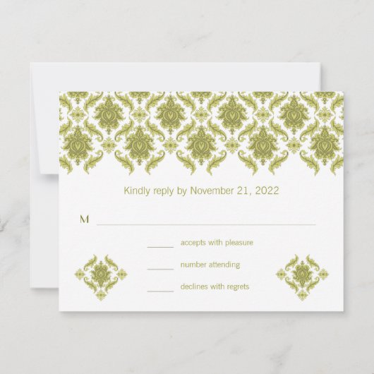Kaart Olive Damask Wedding Response RSVP (Achterkant)