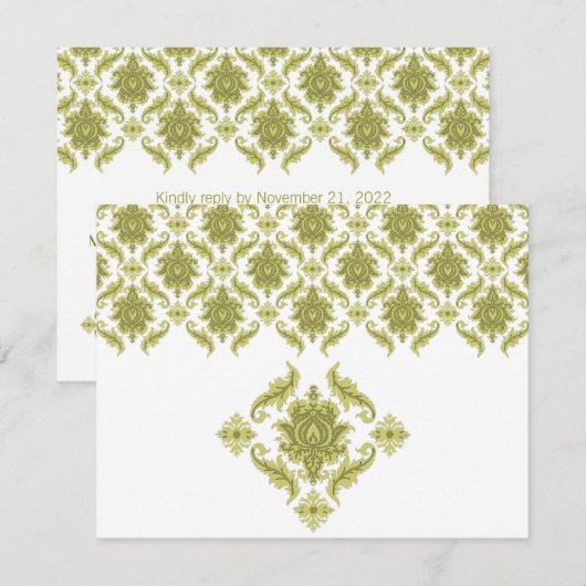 Kaart Olive Damask Wedding Response RSVP (Voorkant / Achterkant)