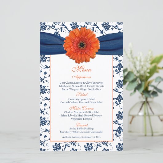 Kaart Oranje Daisy Navy Blue Damask Wedding Menu (Staand voorkant)