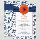 Kaart Oranje Daisy Navy Blue Damask Wedding Menu (Voorkant / Achterkant)