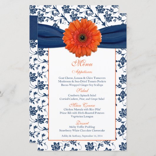 Kaart Oranje Daisy Navy Blue Damask Wedding Menu (Voorkant / Achterkant)
