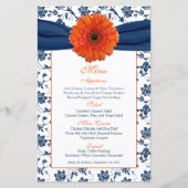 Kaart Oranje Daisy Navy Blue Damask Wedding Menu (Voorkant)