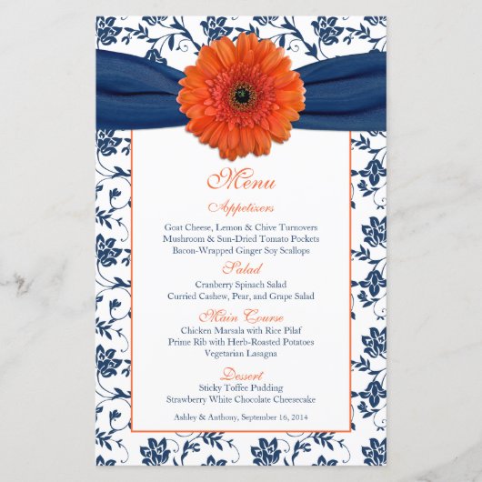 Kaart Oranje Daisy Navy Blue Damask Wedding Menu (Voorkant)