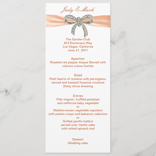 Kaart Oranje Diamond Bow Wedding Menu (Voorkant)