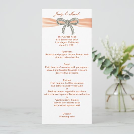 Kaart Oranje Diamond Bow Wedding Menu (Staand voorkant)