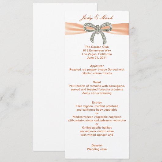 Kaart Oranje Diamond Bow Wedding Menu (Voorkant / Achterkant)